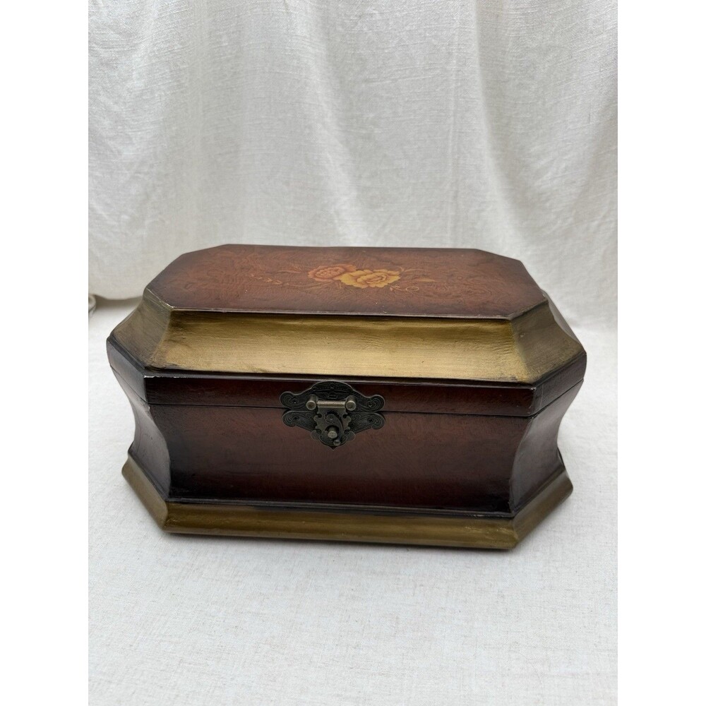 Vintage Floral Wooden Jewelry Box Octagonal Keepsake Trinket Chest Taiwan